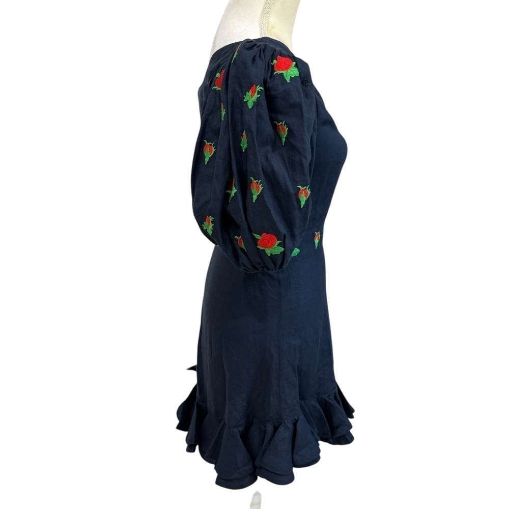 Fanm Mon Navy Flame Linen One Sleeve Ruffle Hem Floral Embroidery Mini Dress NWT - Picture 9 of 15